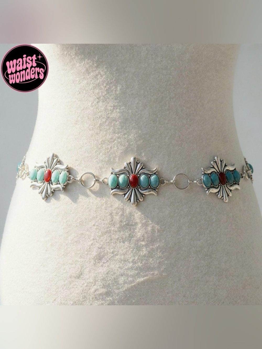Y2K 2000s style Silver and turquoise belt with a boho vibe